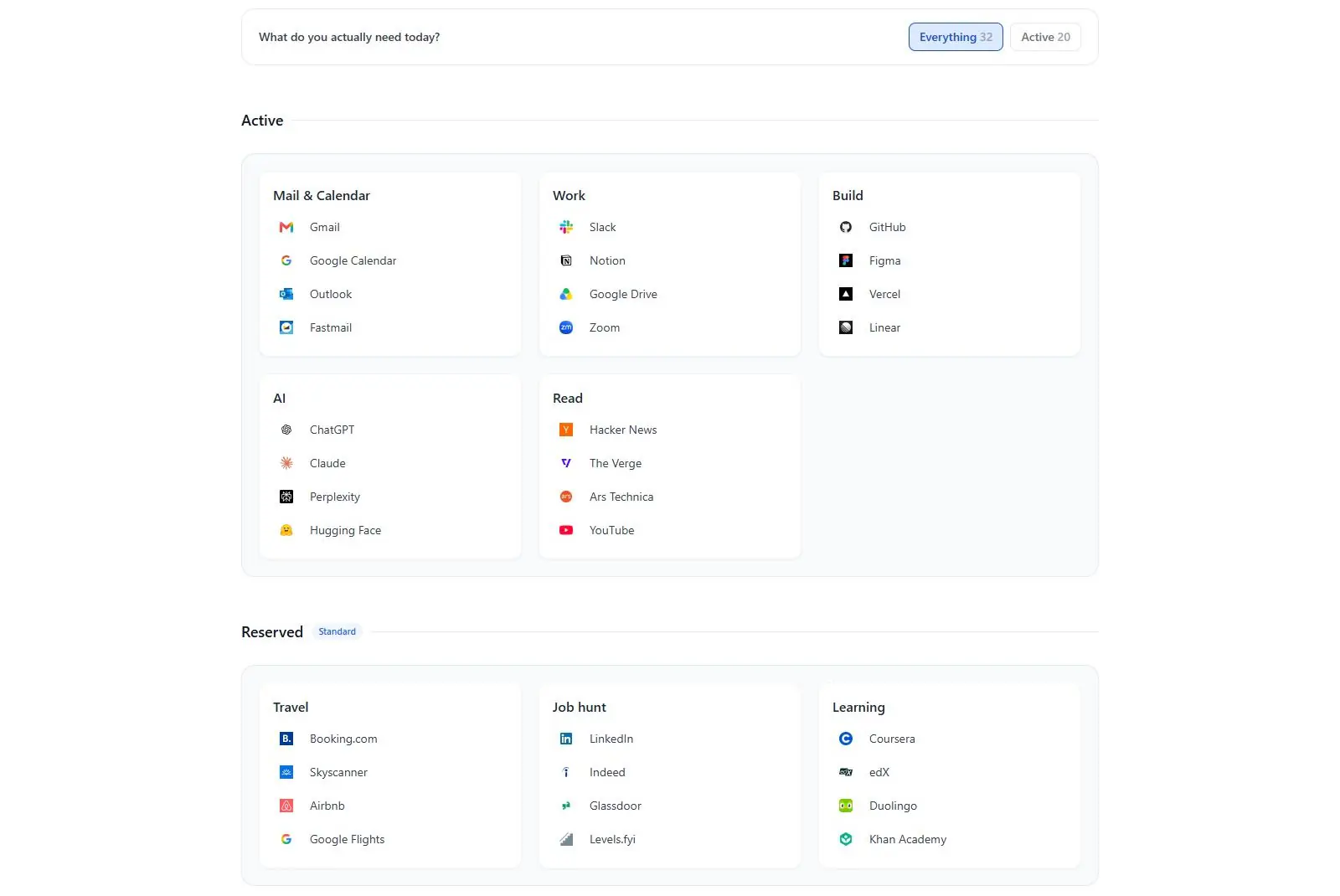 Abunch's example board with an Active desktop of link categories for Mail & Calendar, Work, Build, AI and Read, above a Reserved desktop marked Standard with Travel, Job hunt and Learning categories