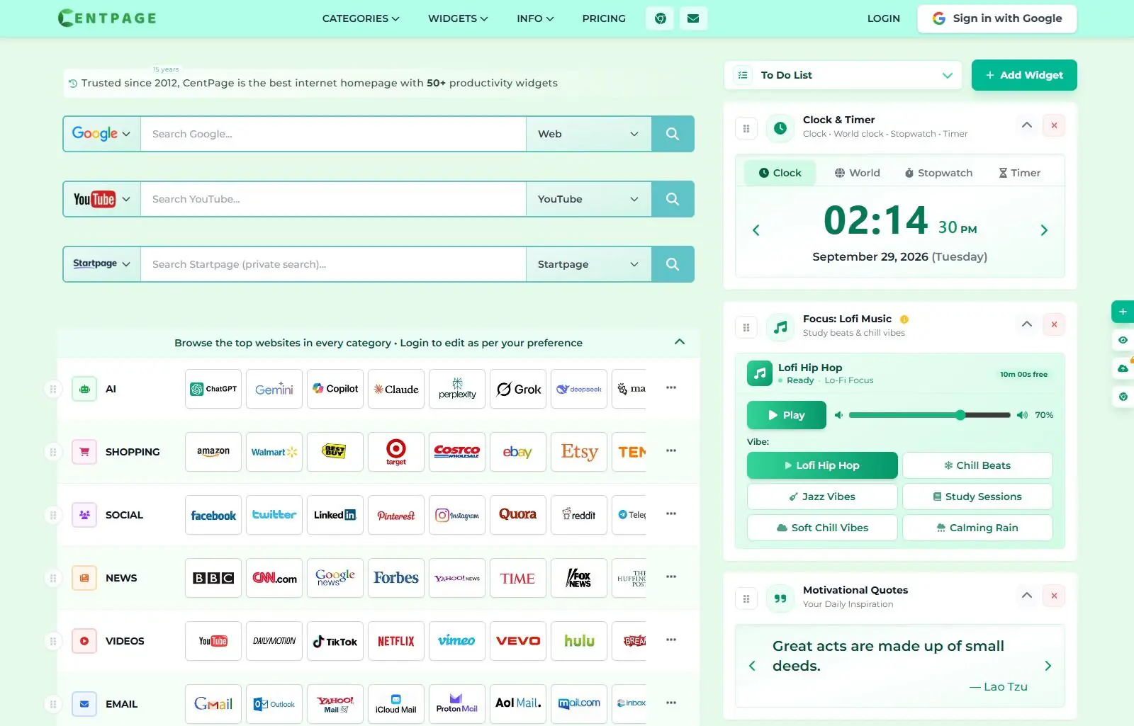 CentPage home page with Google, YouTube and Startpage search boxes above a directory of site logos in rows for AI, shopping, social, news, videos and email, beside clock, lofi music and quote widgets