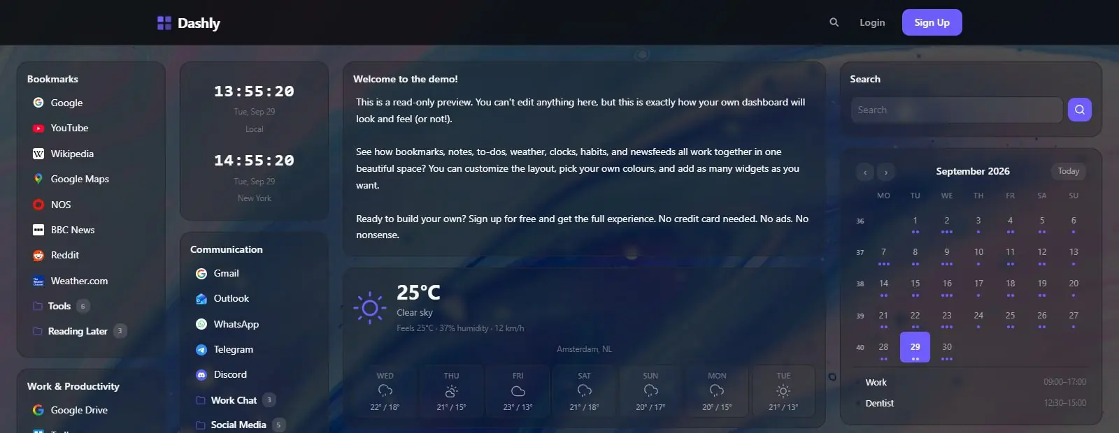 Dashly's read-only demo dashboard with bookmark lists, two clocks, a welcome note, the weather and forecast for Amsterdam, a search box and a month calendar