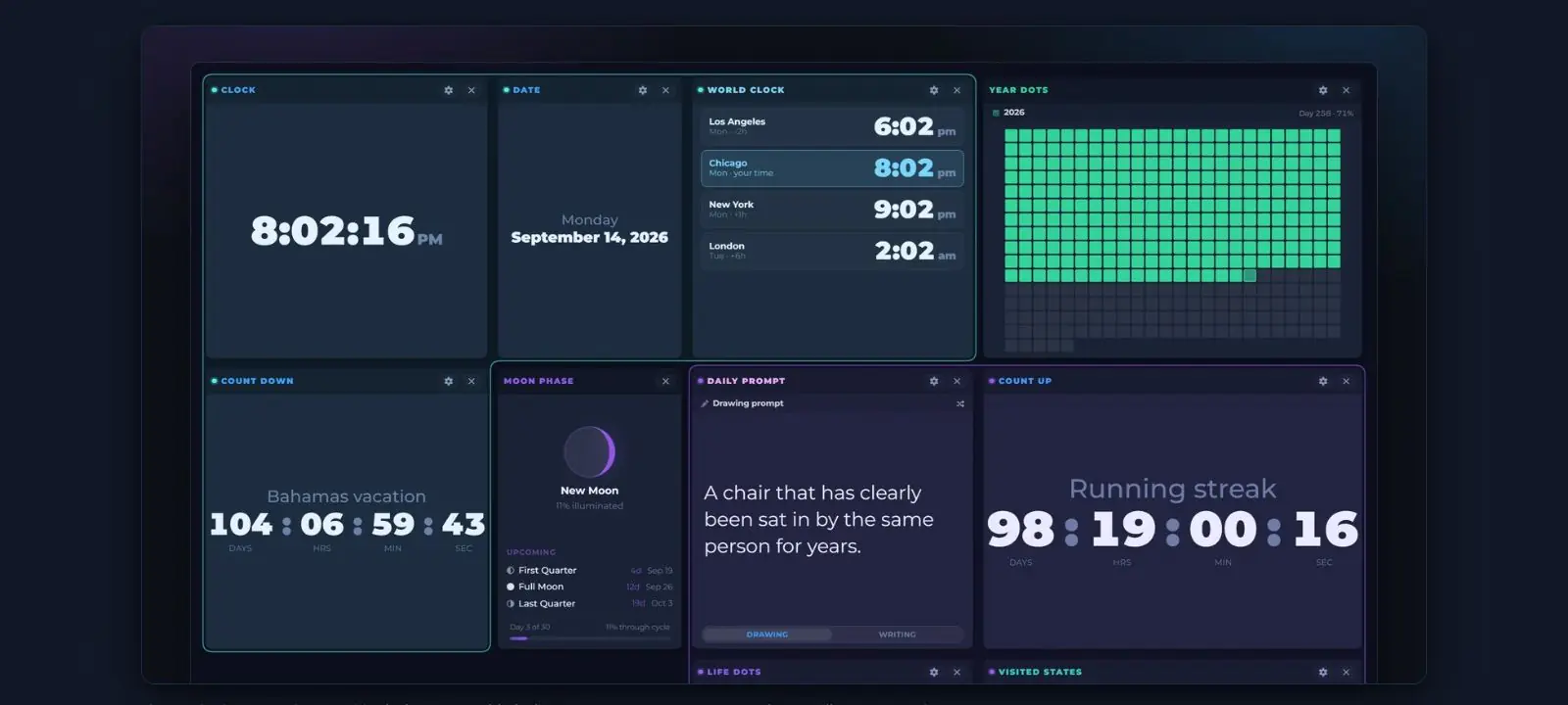 A DashSuey board in the dark Space theme with Clock, Date, World Clock, Year Dots, Count Down, Moon Phase, Daily Prompt and Count Up widgets on a grid