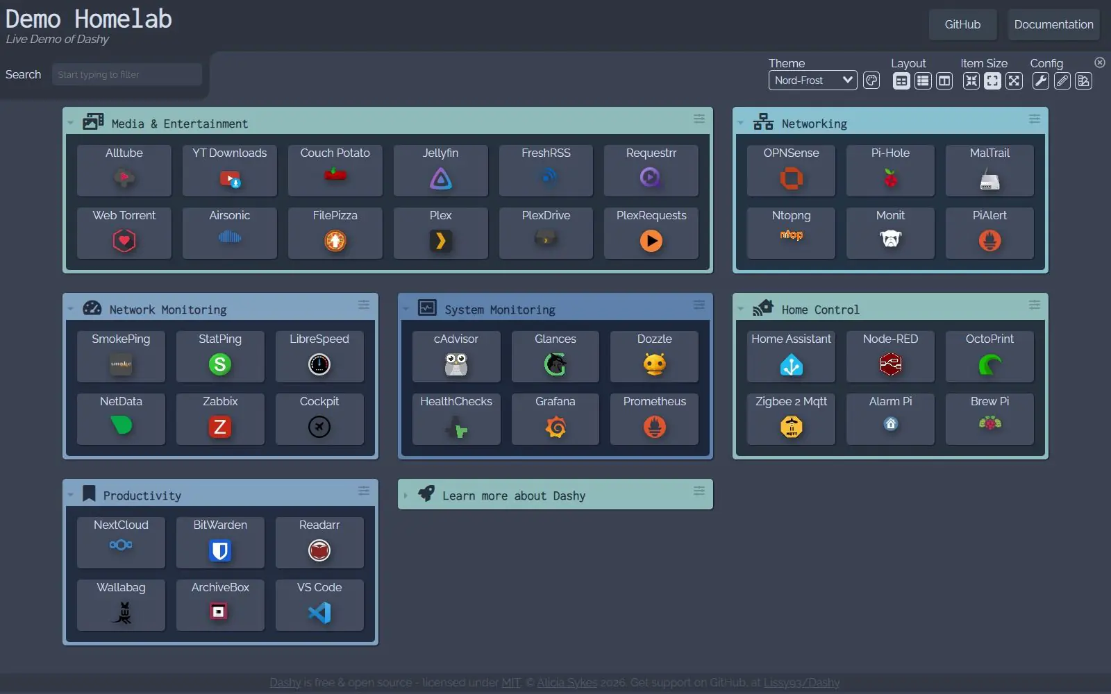 Dashy demo dashboard in the Nord Frost theme, with titled sections of service tiles for media, networking, monitoring, home control and productivity apps