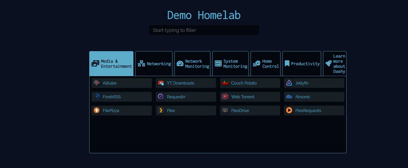 Dashy minimal view with the dashboard title, a filter box and a row of section tabs above a list of media app links