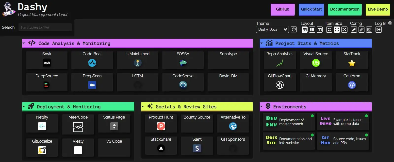 A second Dashy demo in the Dashy Docs theme, with bright section headers and green status dots on the four items in its Environments section