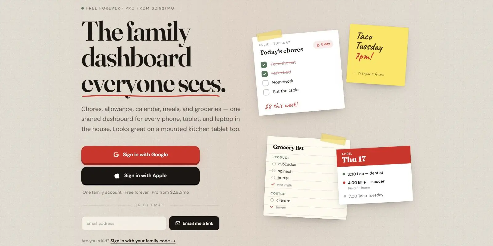 FamilyDash home page hero with sign-in buttons beside illustrated notes: a kid's chore list with a streak and an allowance total, a sticky note, a grocery list sorted by section and a day's calendar