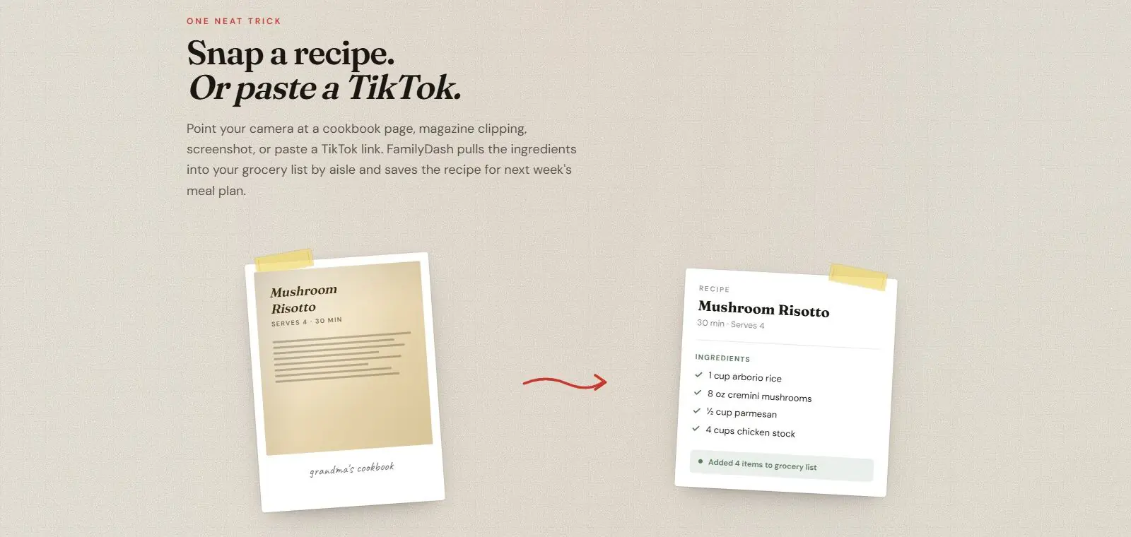 FamilyDash home page section on recipe scanning, with an illustration of a cookbook photo of mushroom risotto turned into a recipe card whose ingredients were added to the grocery list
