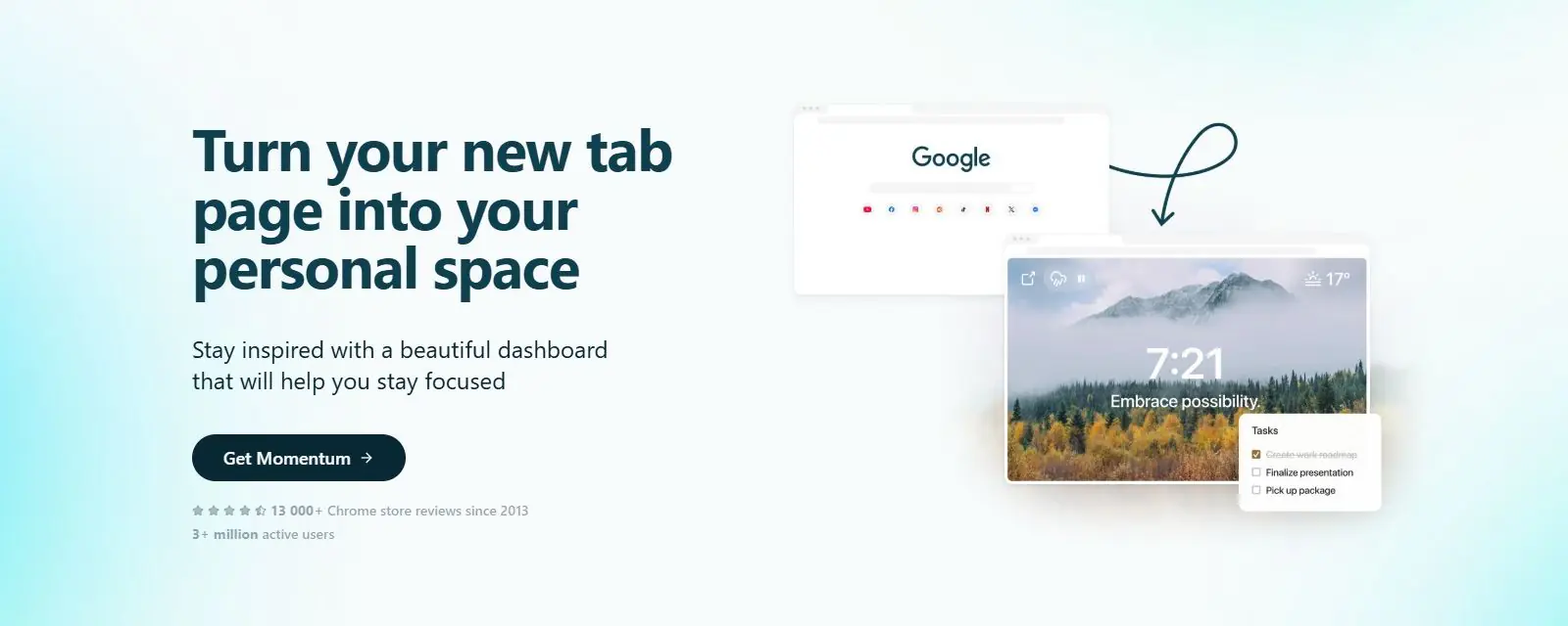 Momentum home page hero with an illustration of its new tab: a mountain photo, the time, the line Embrace possibility, the weather and a short task list