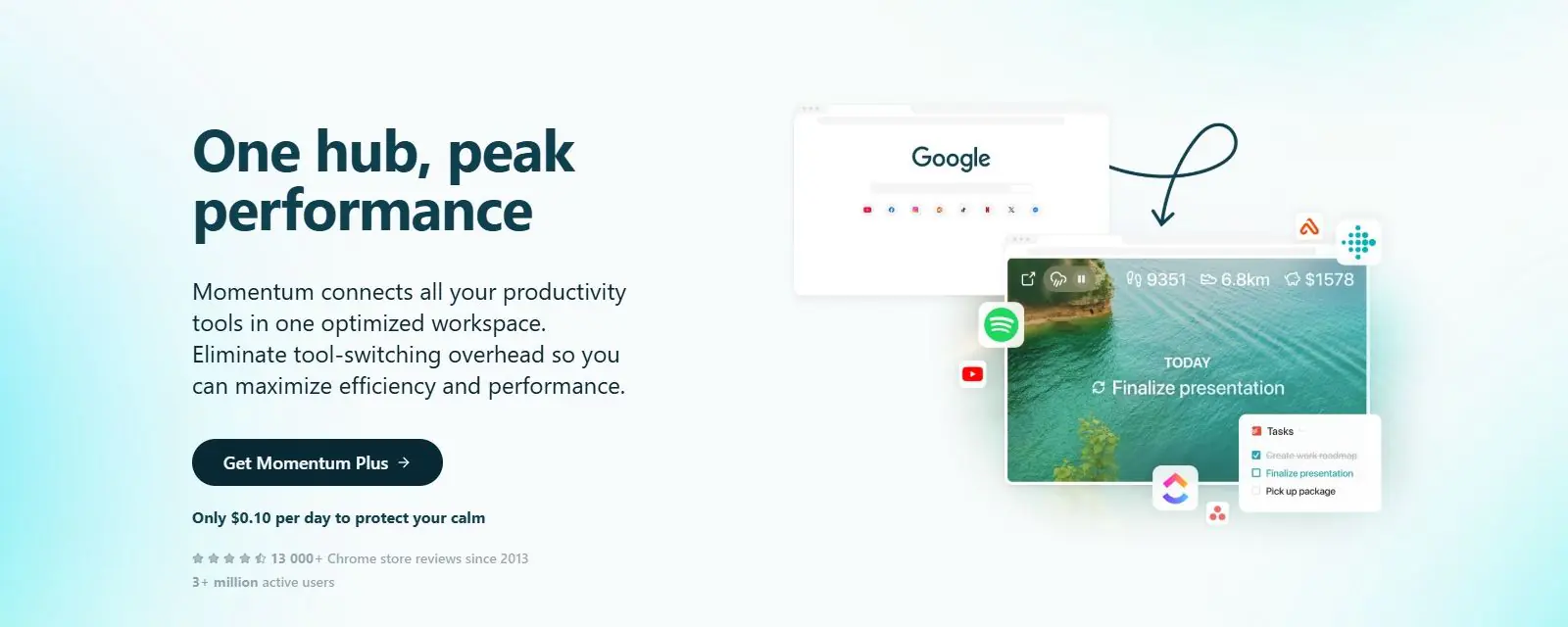 Momentum Plus page hero with an illustrated new tab showing step, distance and money metrics, a focus task, a task list and icons for Spotify, YouTube, ClickUp and Asana
