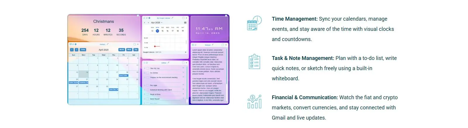A collage of Single Dashboard widgets: a Christmas countdown, an April 2025 holiday calendar, a Google Calendar day view, a digital clock, a to-do list and a notepad of placeholder text, beside the page's feature list