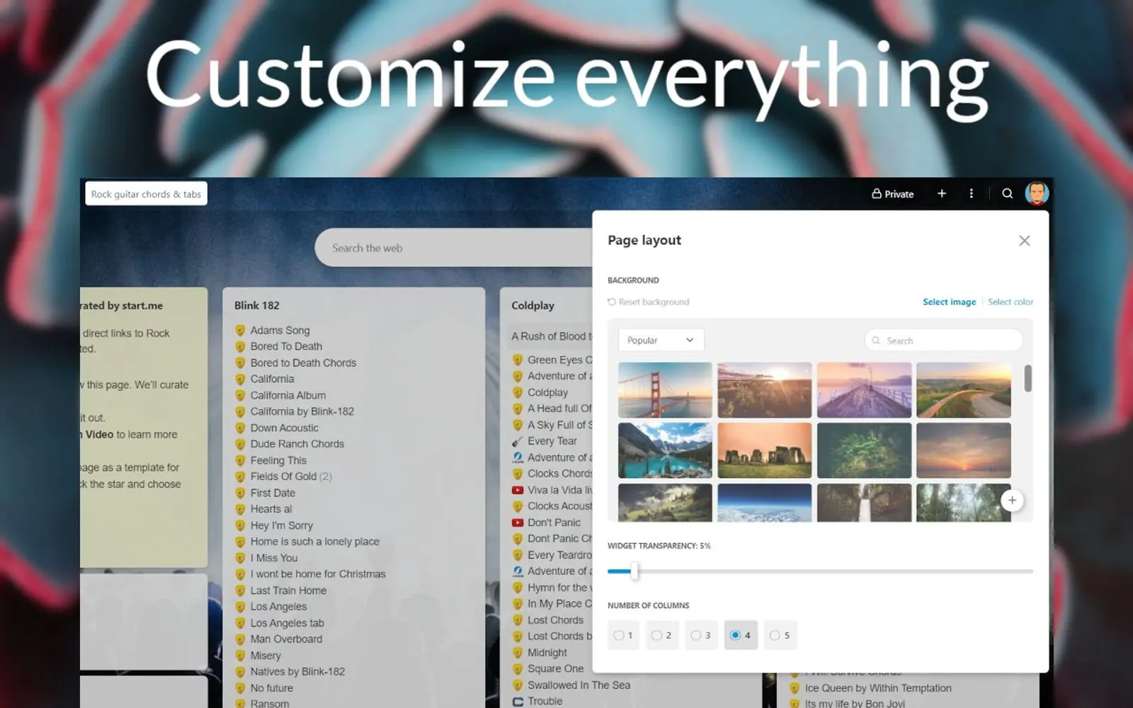 A start.me page of bookmark lists under the heading Customize everything, with the Page layout panel open showing background photos, a widget transparency slider and column choices from one to five