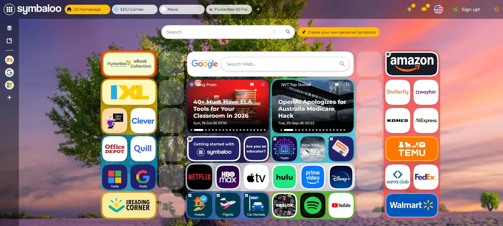 Symbaloo's default US Homepage webmix: colored groups of bookmark tiles for sites such as IXL, Clever, Netflix, Amazon and Walmart around a Google search box, with blog, NYT Top Stories and New York weather tiles, over a photo of a lavender field